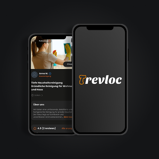 Smartphone-Mockup der Trevloc-App, einem lokalen Dienstleistungs-Marktplatz für iOS und Android, entwickelt mit Flutter. Die App ermöglicht Nutzern, lokale Dienstleistungen zu finden oder anzubieten, Aufgabenlisten zu verwalten und direkt über eine integrierte Chat-Funktion zu kommunizieren. Modernes, benutzerfreundliches Interface in Orange und Schwarz.